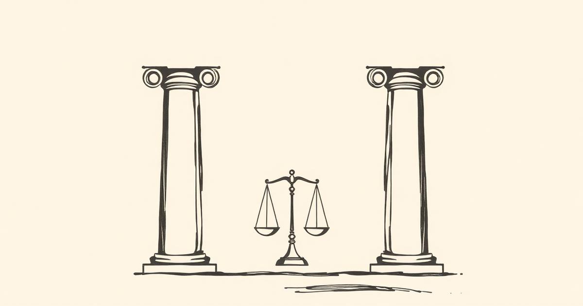 Editorial illustration of classical columns and scales of justice representing legal practice automation